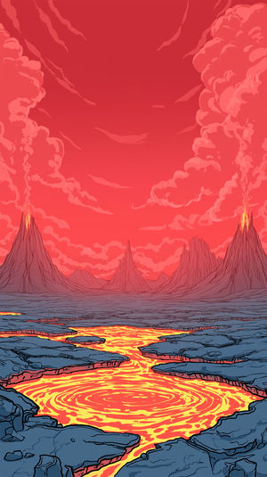 Stylized volcanic scene: glowing molten river and swirling lava pool in cracked blue-gray rock under red clouded sky.