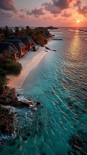 Aerial view of overwater bungalows on a white sandy beach with palm trees and turquoise water at sunset.