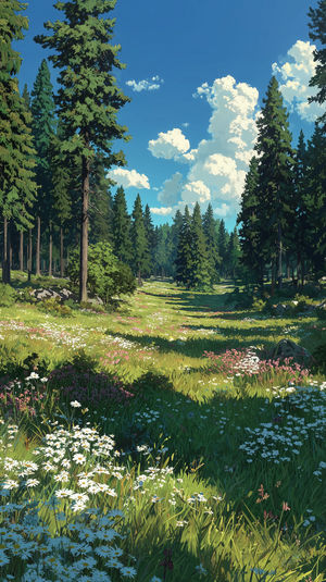 Sunlit forest clearing with wildflower meadow, pine trees, daisies in foreground and fluffy clouds in a blue sky.