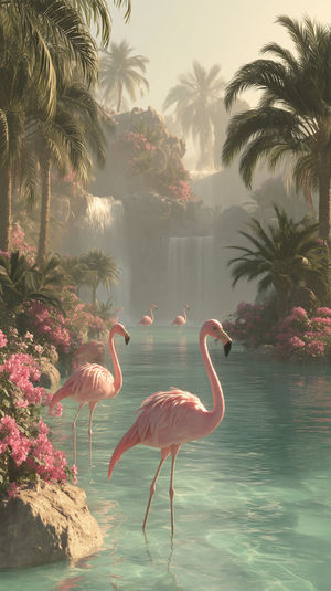 A group of pink flamingos standing in clear turquoise water under palm trees by a tropical waterfall