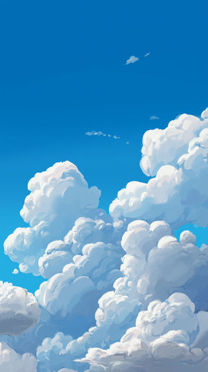 Vertical 4K wallpaper of soft painterly cumulus clouds rising against a deep blue sky for a calm, serene lock screen.