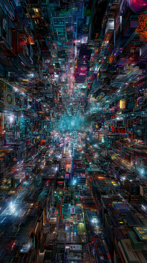 Vertical tunnel view of a neon cyberpunk metropolis converging on a glowing teal core, ultra-detailed 4K cityscape.