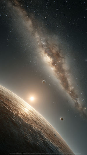 Planetary sunrise over an alien surface with two moons and the Milky Way stretching across a star-filled sky.