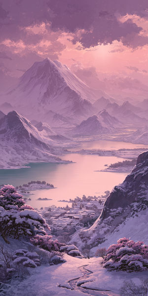 Pastel snow-covered mountains and a pink sunset sky reflect over a calm lake with a snowy village and cherry blossoms
