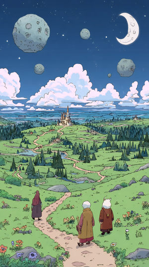 Three travelers walking on a winding countryside path toward a distant castle under a starry sky with floating moons