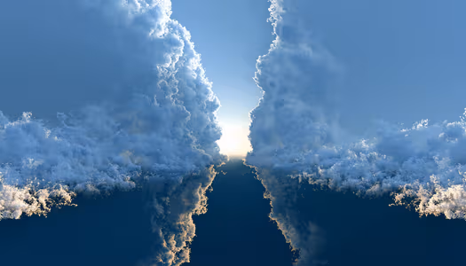 Towering blue clouds part around a bright sun, forming a dark vertical rift in a cinematic sky.