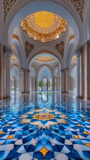 Ornate mosque interior with reflective blue mosaic floor and glowing golden domes in a luminous blue gold aesthetic, ultra HD