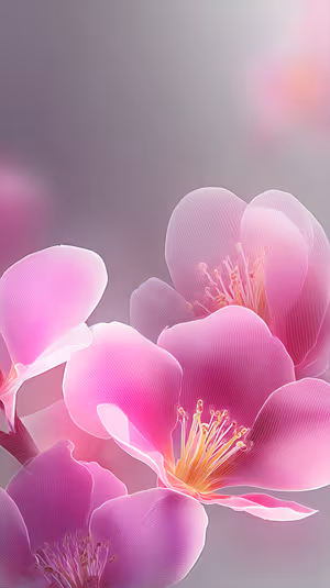 Minimalist macro pink blooms centered on a soft gray bokeh background with translucent petals, ultra HD 8K image