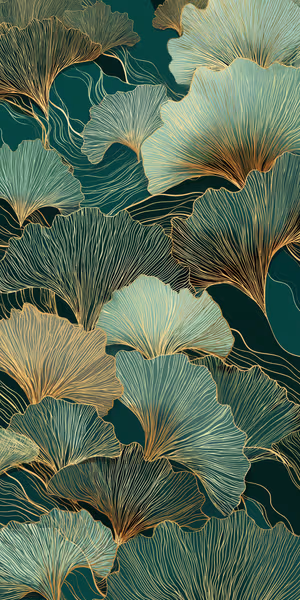 Minimalist line art ginkgo leaves centered on dark green teal background with gold accents ultra HD mobile background