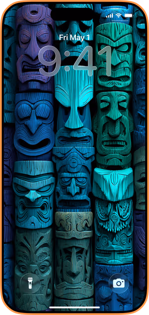 Wallpaper preview on iPhone 17 Pro Max running iOS 26 - Teal Tiki Totems