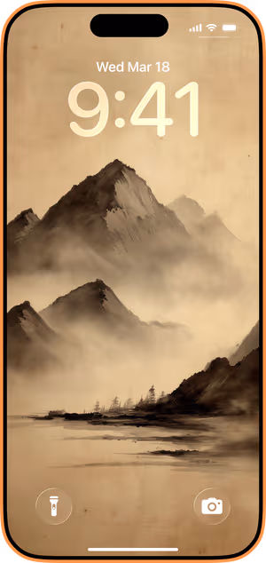 Wallpaper preview on iPhone 17 Pro Max running iOS 26 - Sepia Mist Mountains