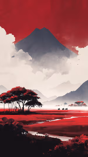 Minimalist sumi e red mountain landscape centered on a crimson and gray background ultra HD image