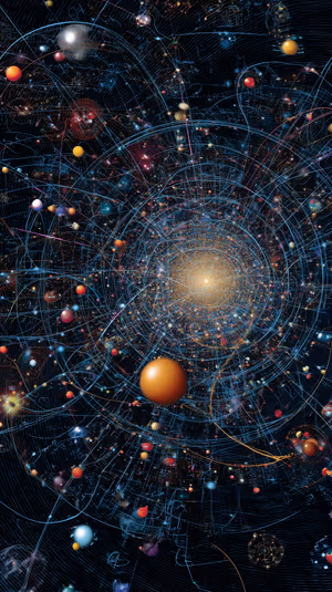 Sci fi particle vortex with glowing golden core and blue orbital grid centered on a gold and blue field ultra HD image