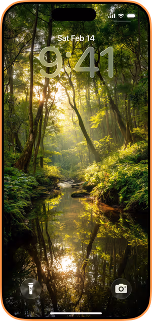 Wallpaper preview on iPhone 17 Pro Max running iOS 26 - sunlit forest stream