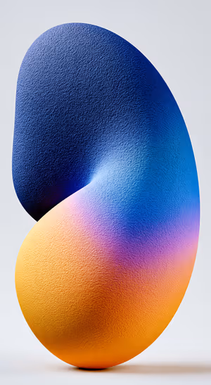 3D abstract egg form with blue, orange, and pink gradient texture on a light background