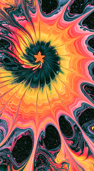 Liquid marbled abstract flower centered on a vibrant orange background in psychedelic style.