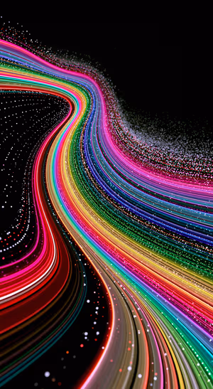 Abstract multicolor light trails sweeping across a black background in a neon aesthetic.