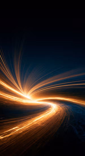 Abstract light trails centered on a black background with orange gold accents in a futuristic aesthetic.