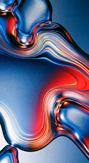 Abstract liquid chrome lines centered on a blue and red background in a futuristic style.
