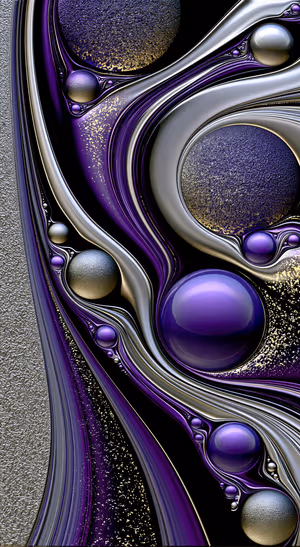 Metallic purple abstract orbs flowing through black and silver curves in an ultra HD aesthetic.