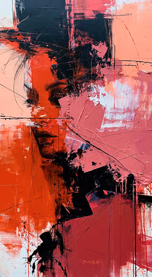Abstract painting with red, pink, and black brushstrokes in a bold expressive aesthetic