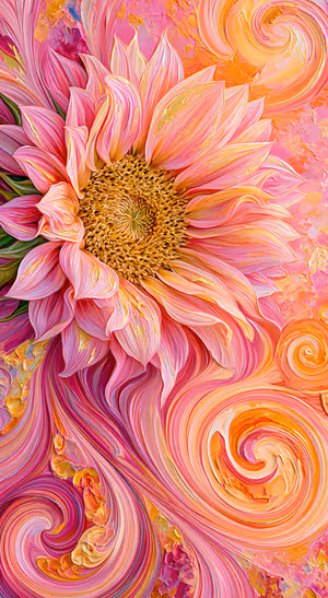Abstract sunflower in a pink and orange fluid paint aesthetic.