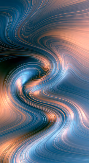 Abstract fluid swirl centered on a blue and peach background in flowing modern aesthetic.