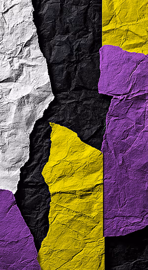 Bold abstract torn paper texture in black, yellow, purple, and white with a tactile collage aesthetic.