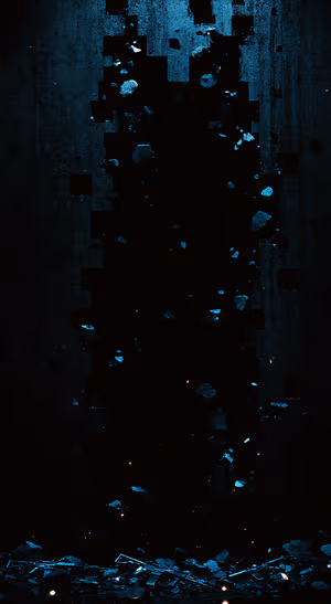 Cyberpunk abstract tower centered on a black and electric blue background in a glitch aesthetic.