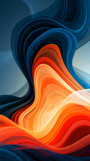 Vibrant painterly abstract wave centered on orange and deep blue background in fluid layered brushstroke aesthetic, ultra HD 8K image