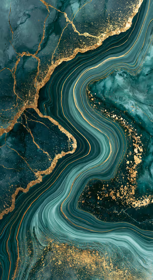 Luxurious abstract agate with gold leaf veins on a deep emerald green marbled background ultra HD image for iPhone.