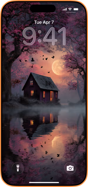 Wallpaper preview on iPhone 17 Pro Max running iOS 26 - Moonlit Cottage