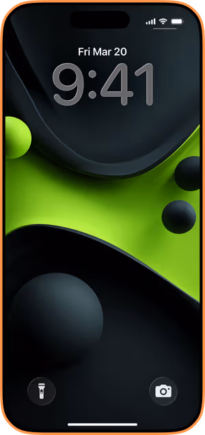 Wallpaper preview on iPhone 17 Pro Max running iOS 26 - Neon Curve Spheres