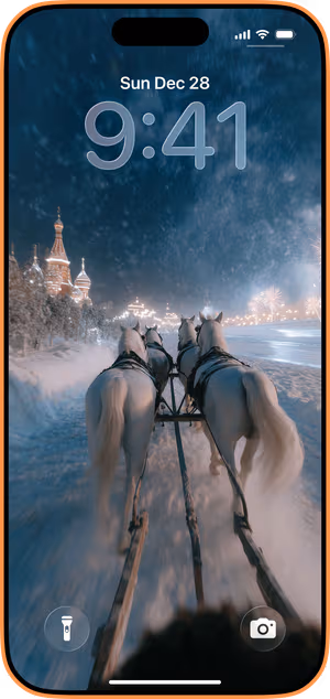 Wallpaper preview on iPhone 17 Pro Max running iOS 26 - midnight sleigh ride