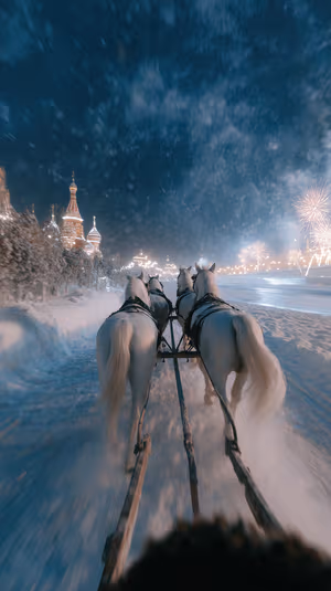 Cinematic sleigh ride with white horses against a snowy night sky and glowing golden domes ultra hd 8K background.