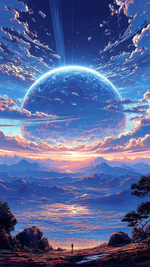 Sci fi cosmic scene of a ringed blue planet over alien mountains centered on deep blue violet tones in a cinematic aesthetic