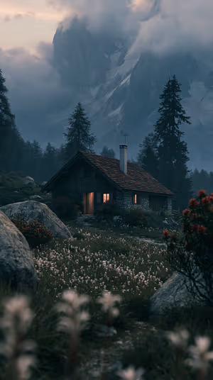 Moody cinematic alpine cabin with warm glowing window against teal gray mountains and a wildflower foreground, ultra HD image.