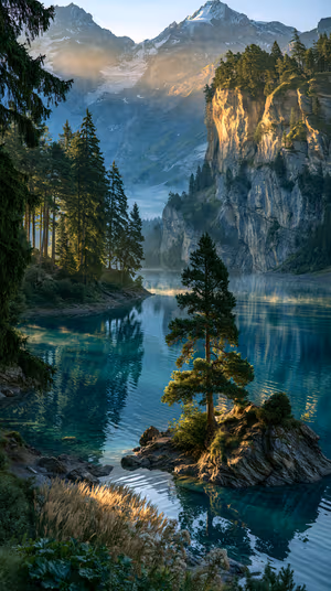 Photorealistic alpine lake with a lone pine on a rocky islet, turquoise water and golden mountain light ultra hd background