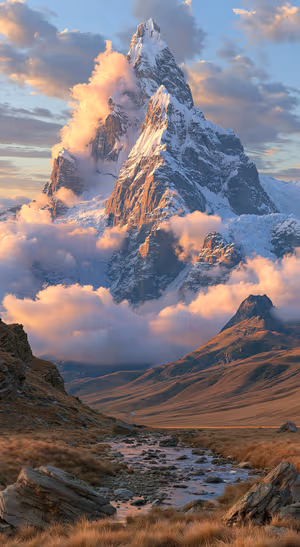 Cinematic snowy mountain centered on a blue background in scenic landscape aesthetic.