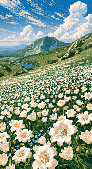 Watercolor mountain valley with white flowers on a green landscape and blue sky