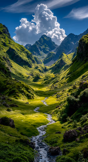 Photoreal alpine valley with meandering stream on vibrant green hills under dramatic clouds ultra HD 8K background