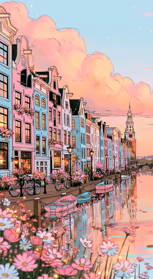 Pastel Amsterdam Canal Cityscape — iPhone lock screen wallpaper