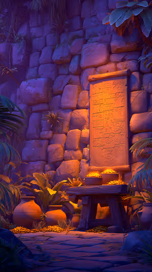 Cinematic ancient temple scene centered on gold and purple dusk tones with glowing coins ultra HD image