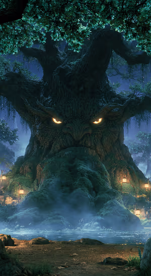 Fantasy ancient tree centered in a deep teal forest aesthetic with glowing amber eyes