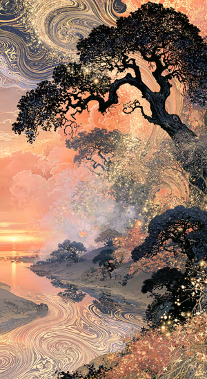 Japanese inspired tree landscape in coral, gold, and charcoal tones with a swirling ornamental aesthetic.