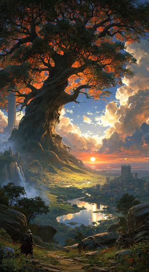 Painterly ancient tree centered on an orange and blue background in a sunset aesthetic.