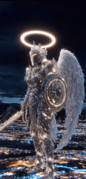 Fantasy CGI angelic knight centered on a gold and dark sky background with feathered wings and halo ultra HD wallpaper.