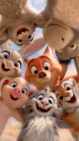 3D animated animal group centered on warm pastel sky in colorful, playful 3D aesthetic, ultra HD image.