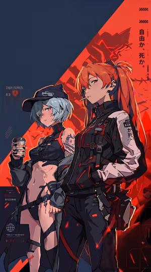 Cyberpunk anime duo on a red and black diagonal background, gritty futuristic aesthetic; ultra HD 8K screen image