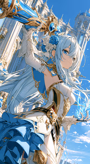 Ornate anime heroine in blue and gold tones against a cathedral inspired fantasy aesthetic.